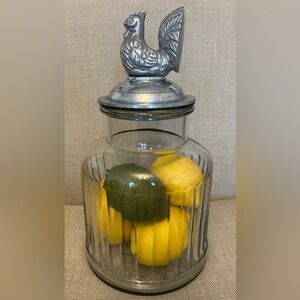 Vintage Farmhouse Ribbed Glass Jar & Metal Rooster Lid w/ Artificial Lemons
